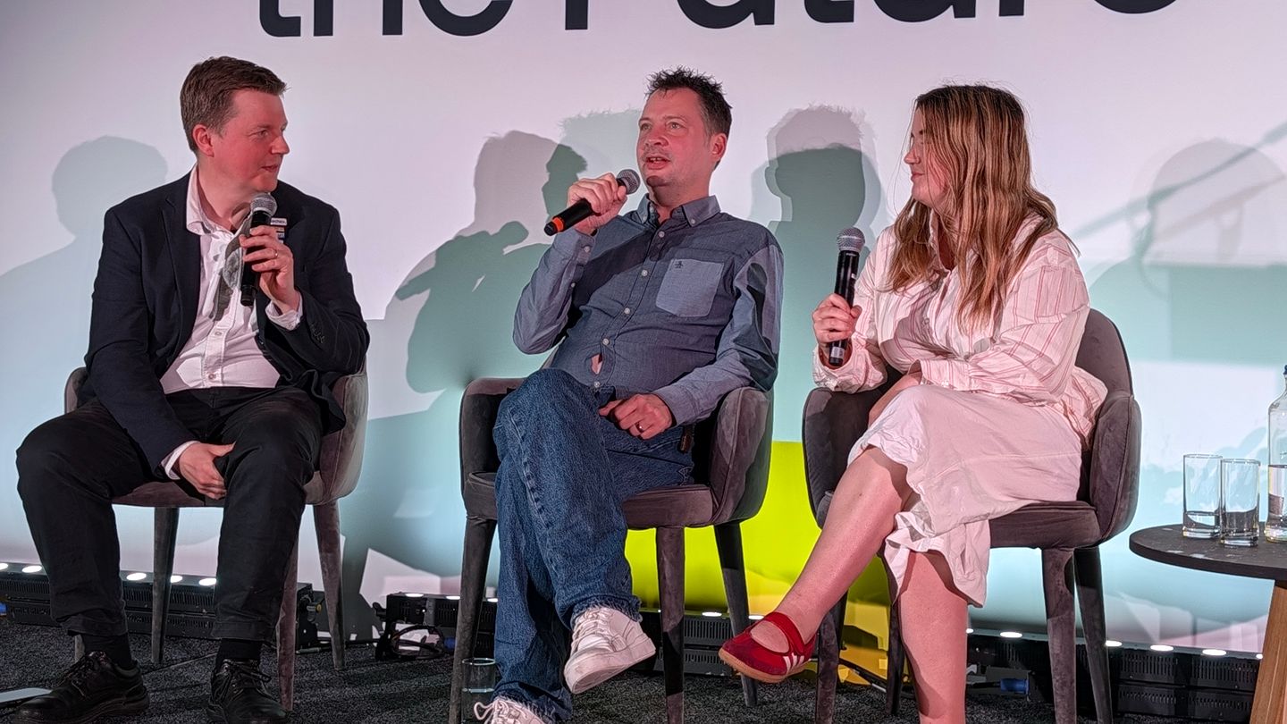 L-R Russell Trafford-Jones, Chair, IET Media Technical Network; Scott Kerr, Lead Solution Architect, Sky; Molly Cole, Consultant, AI Transformation, Platform Comms